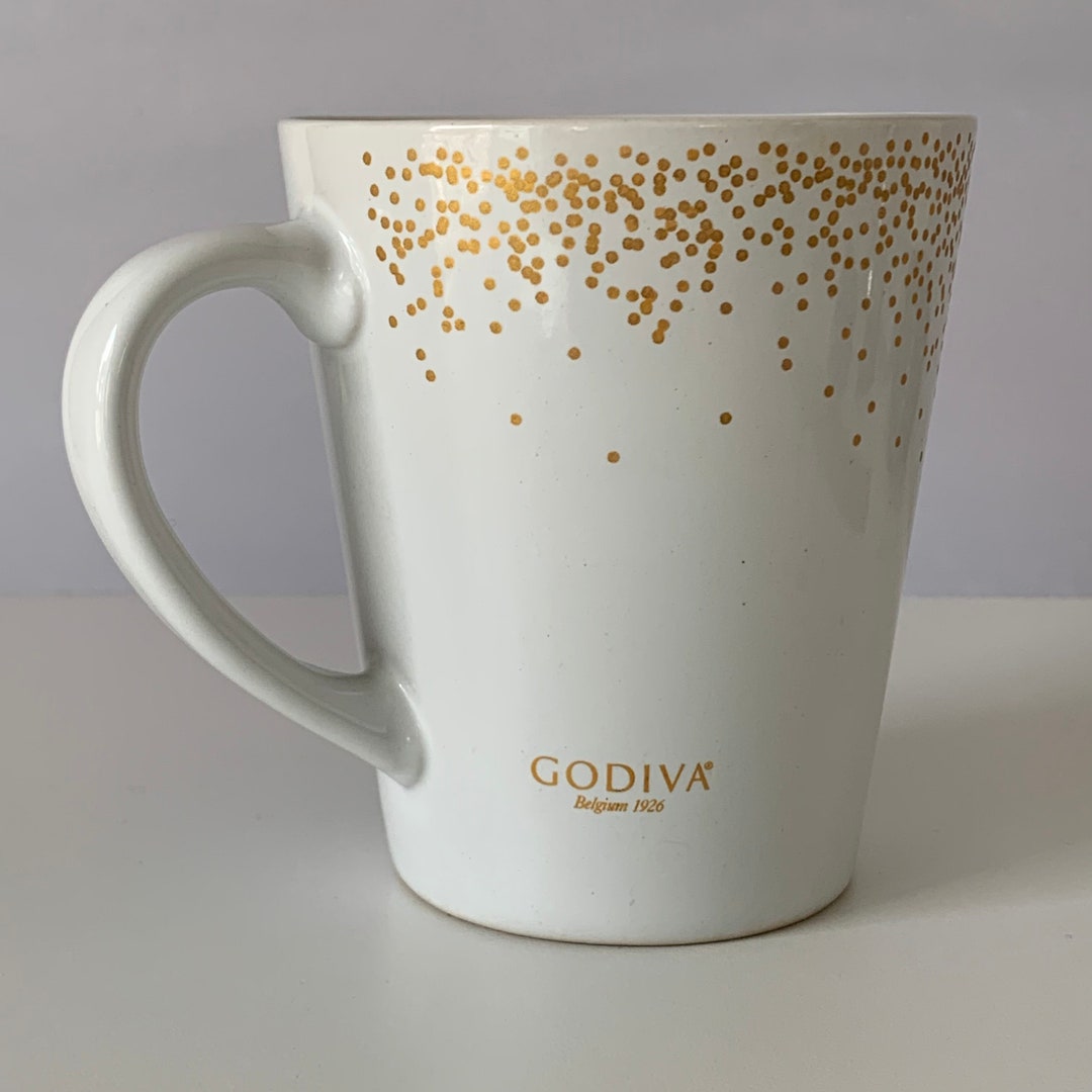 GODIVA COFFEE MUG, Modern Gourmet Foods Ceramic White and Gold Spots