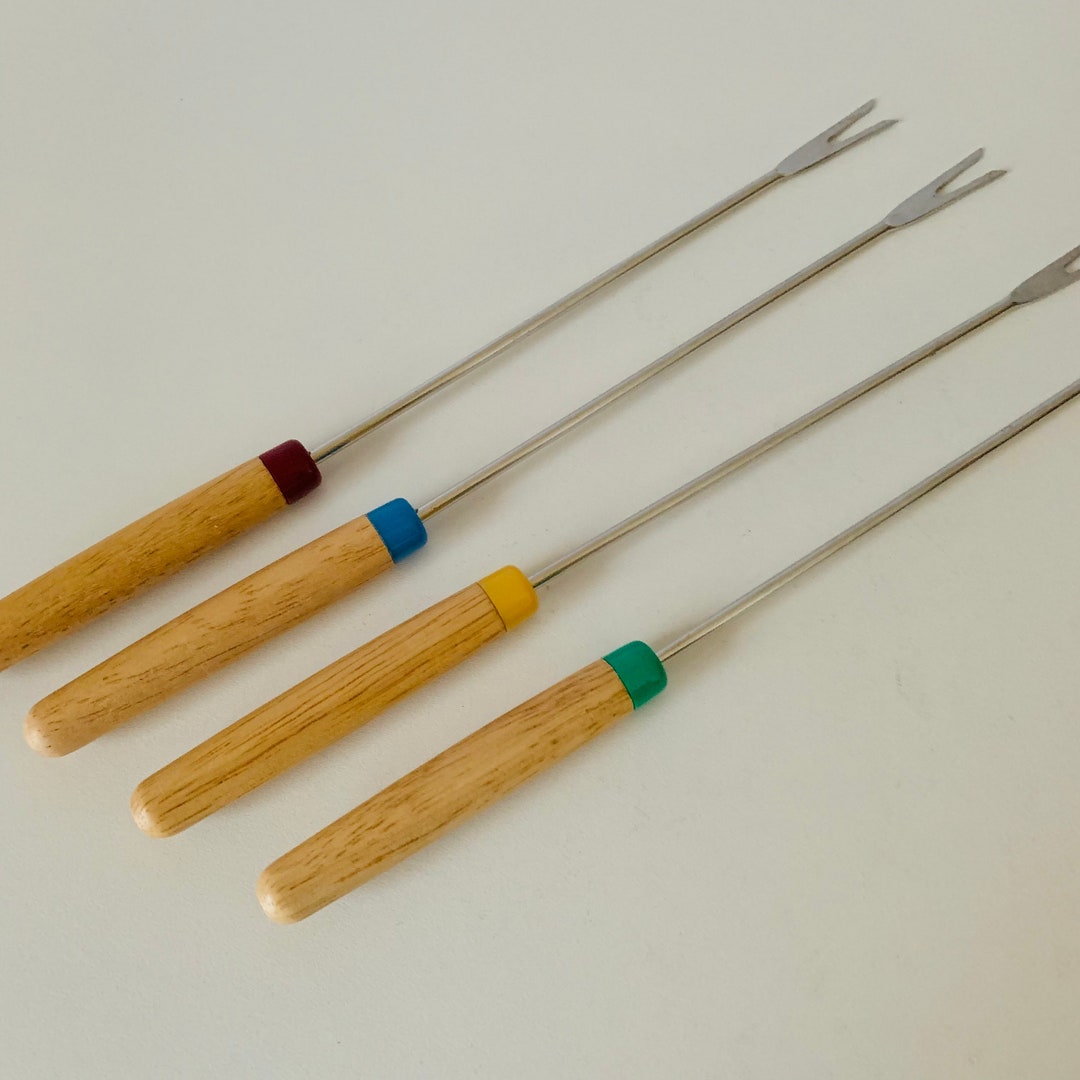 4 FONDUE FORKS Wooden Handles and Colorcoded Handles, MCM Colored