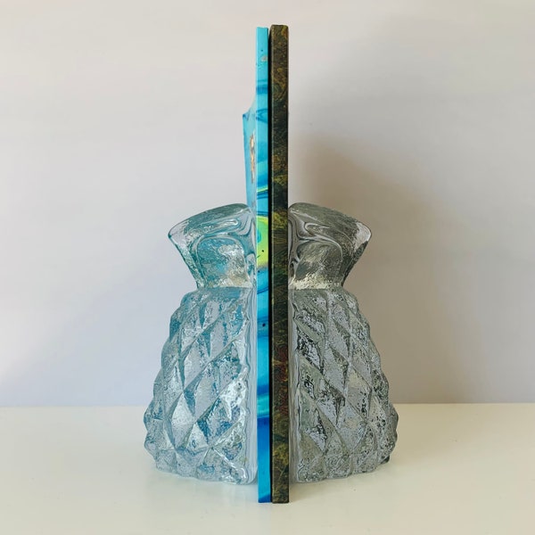 GLASS PINEAPPLES BOOKENDS, Solid Glass Pineapple Shaped Bookends, Blenko Style Clear Glass Pineapples, Boho Home, Pineapple Lover, 5-3/4" H