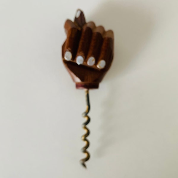 WOOD FIST CORKSCREW, Carved Wooden Good Luck FIga Fist Hand W Metal Nails Corkscrew, Caved Wood Hand Fist Corkscrew, Wood Wooden Corkscrew