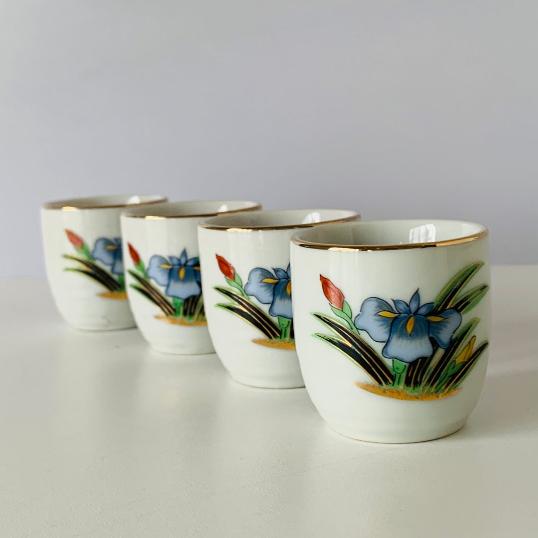 4 CUPS SAKE SET, Four Sake Cups, Bright Floral Art Gold Trim, Espresso