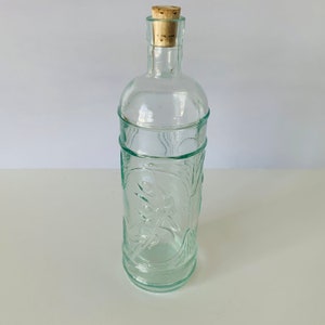 9" GREEN GLASS BOTTLE with Cork Lid, Tall Green Glass Embossed Bottle and Cork Top, Thick Green Glass With Embossed Art, Green Glass Jar