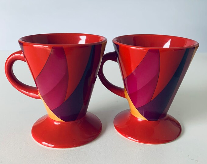 2 MODERN ART ESPRESSO Cups, Abstract Art 3 Tall Red Gold Purple