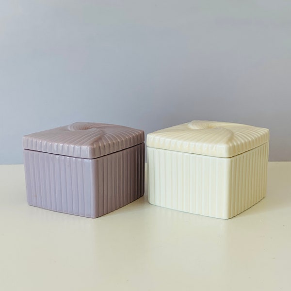 2 AVON SWIRL BOXES, Purple and Cream Ceramic Trinket Box, Lidded Jewelry Box Vanity Decor, 2.5" Ribbed Swirl Box, Vintage Avon