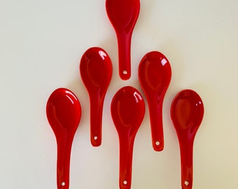 6 PIER 1 CERAMIC SPOONS, Tasting Spoons Rice Spoons with Hole, Appetizers, Teaspoon Rests, Red Ceramic Porcelain Rice Spoons, Sushi Night