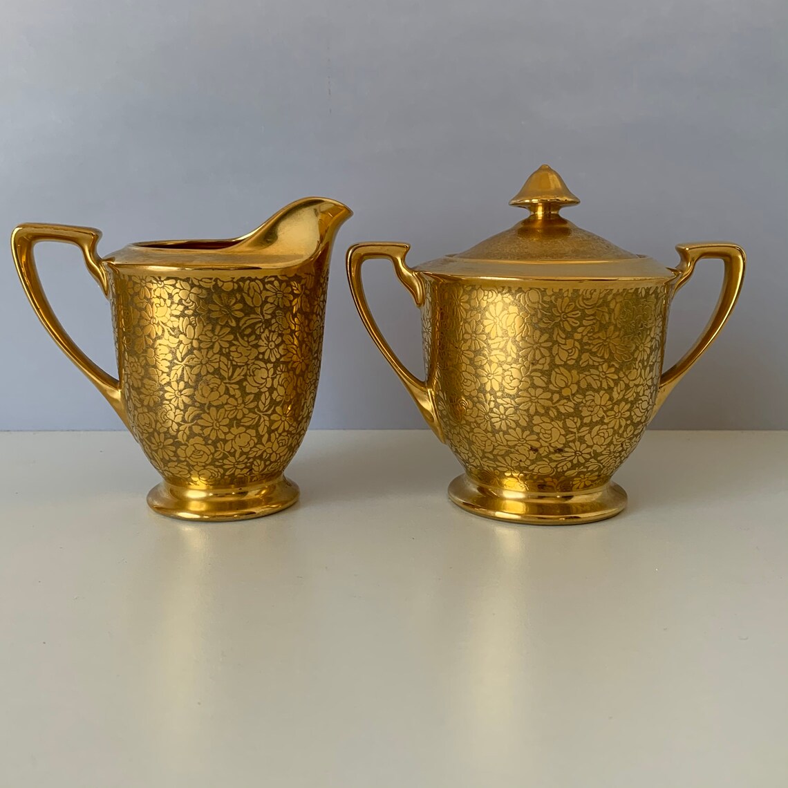 Vintage STOUFFER GOLD CHINA Creamer and Sugar Bowl With Lid Etsy