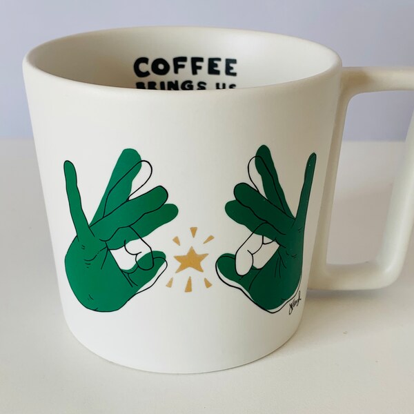 STARBUCKS 2018 SIGN Coffee Cup, Starbucks White "Coffee Brings Us Together" Mug, Floyd ASL Deaf Sign Language Starbucks Coffee Cup, 12 oz