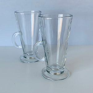2 IRISH COFFEE CUPS, Clear Glass Taper Footed Coffee Mug, Latte Cappuccino Hot Chocolate Cups, 5-3/4&quot; Tall Cups W Handle, Irish Coffee Mugs