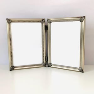 EMBOSSED CORNERS DOUBLE Photo Frame, Brushed Silver Finish Frame, For Two 5" x 7" Pictures, Ornate Corners, Hangable Double Frame