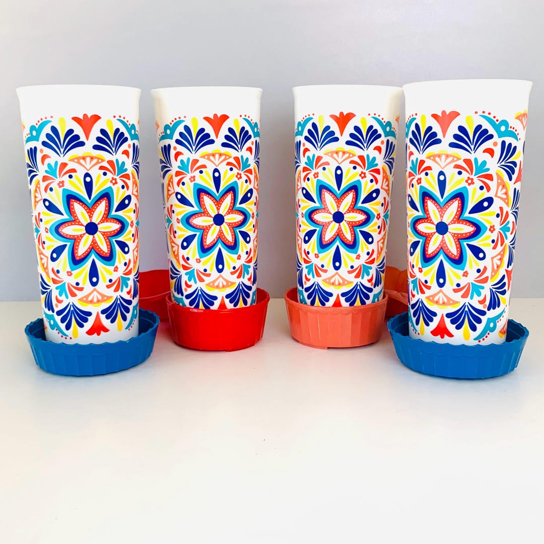 Tupperware Pattern Names 4 TUPPERWARE 16 Oz Tumblers and 4 Hoffman Coasters, Tupperware Costa ...
