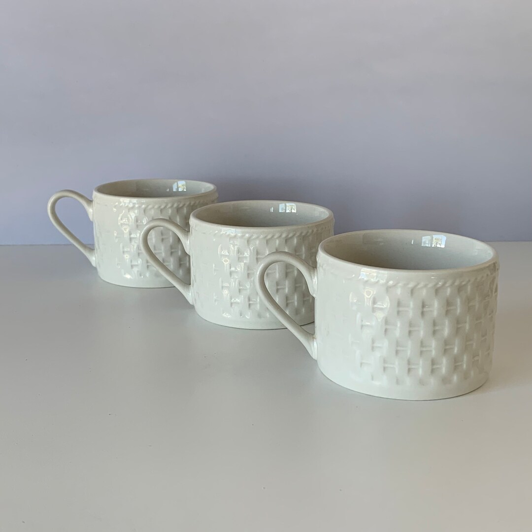 3 ELEGANT WHITE CUPS, Oneida Westerly Basket Coffee Teacups, White Embossed Weave Basket Design