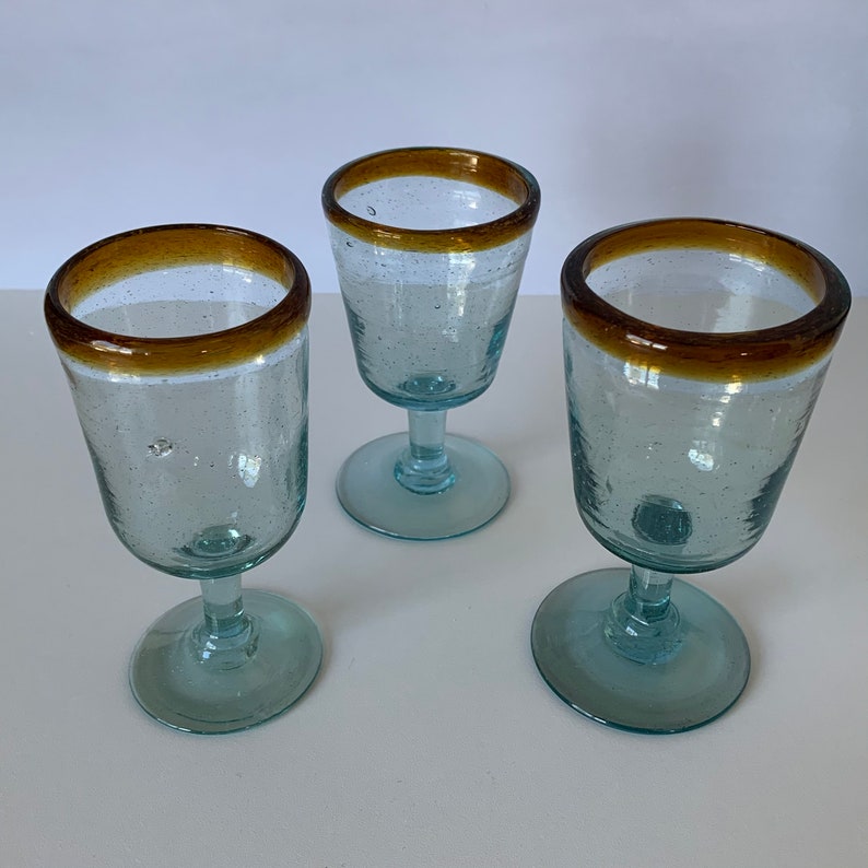 3 BUBBLE GLASS GOBLETS Hand Blown Blue Green Pedestal Etsy