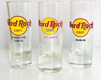 3 HARD ROCK SHOT Glasses, Uyeno-Eki Tokyo, Dublin, Atlanta Hard Rock Glasses, In Original Boxes, 4" Tall Thick Base, Hard Rock Souvenir