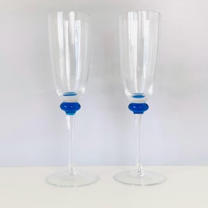 2 BLUE ACCENT CHAMPANGE Glasses, 8.5" Tall Cobalt Blue Ball Stems, Champagne Flute with Glass Blue Knob Accents