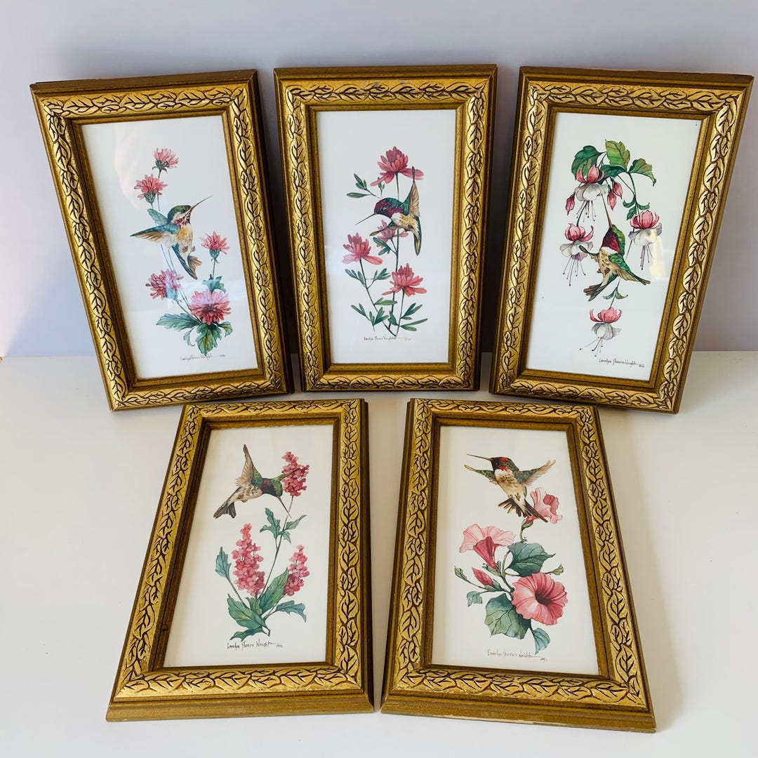 5 CAROLYN SHORES WRIGHT Hummingbird Pictures Artwork, Embossed Gold