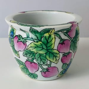 SMALL STONEWARE PLANTER, Hand Painted Studio Art Pottery Planter, 3&quot; Tall Colorful Glazed Planter, Strawberries and Blue Flowers Art