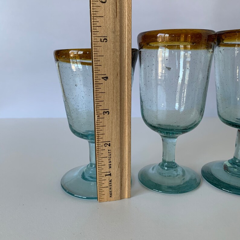 3 BUBBLE GLASS GOBLETS Hand Blown Blue Green Pedestal Etsy