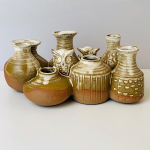 May include: A collection of handcrafted ceramic vases in various shapes and sizes. The vases feature a mix of earthy tones, including brown, beige, and olive green. One vase is shaped like an owl. The vases have textured surfaces and glazed rims.