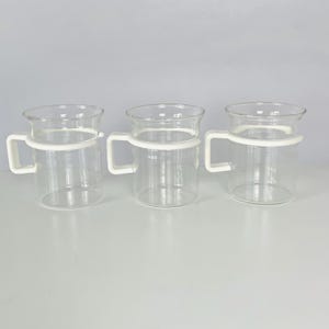 3 BODUM GLASS CUPS, Bodum Clear Glass Teacups Cappuccino Coffee Cups w White Plastic Handles, Set of 3 Bodum  D Handle Espresso Bistro Mugs