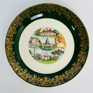 WASHINGTON DC Collectable Plate, Vintage Washington DC Porcelain Decorative Plate, Gold Accent, Washington D C Souvenir, 6-1/4&quot; Diameter