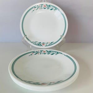 5 CORELLE ROSEMARIE SALAD Plates, Corelle by Corning Bread Appetizer Dessert Plates, 6-3/4&quot; D, Snack Plates, White Corelle with Pink Tulips