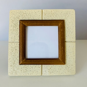 STONE and WOOD Photo Frame, Small Square Picture Frame, Light Stone and Brown Wood Trim Picture Frame, For a 3-1/2&quot; x 3-1/2&quot; Picture