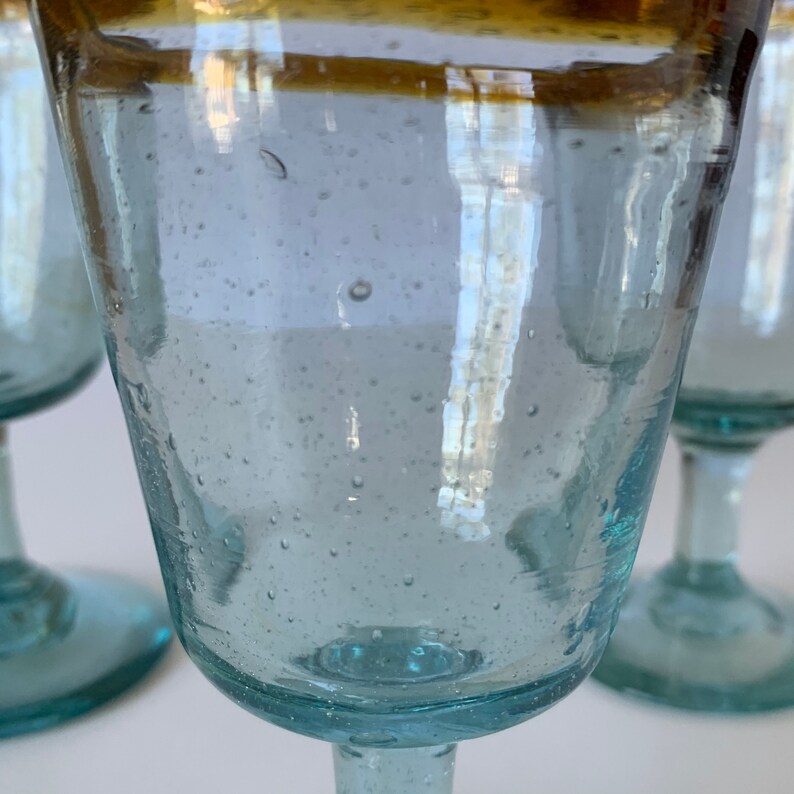 3 BUBBLE GLASS GOBLETS Hand Blown Blue Green Pedestal Etsy