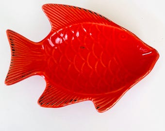 RED FISH SOAP Dish Catch All, Embossed Ceramic Fish Shaped, Coins and Keys Bowl, Fishing Lover