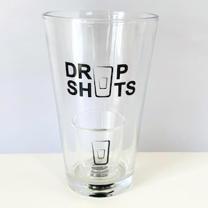DROP SHOTS Magnetic Bottom Beer and Shot Glass Set, Brookstone Drop Shots, Magnetic Base Pint Glass and Divided Shot Glass, Jager Bombs