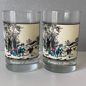 2 WINTER PASTIME GLASSES, Currier and Ives Winter Village Scene Tumblers, Arby&#39;s 1981 Collector Series Glasses, Vintage Low Ball Glass