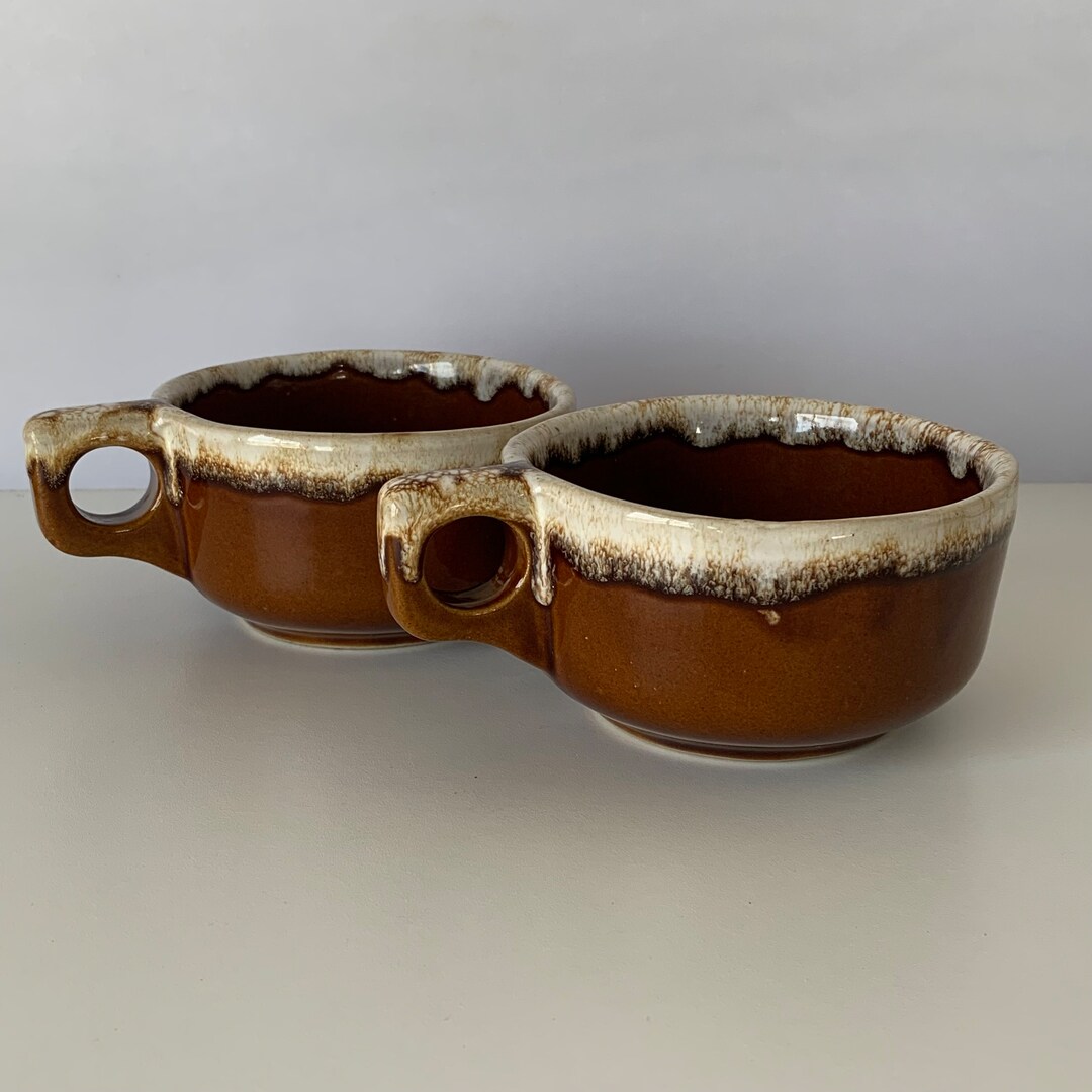 2 STONEWARE SOUP MUGS, Brown Drip Glaze Stoneware Soup Cups With