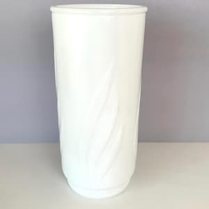 MILK GLASS CYLINDER Vase with Embossed Leaves, 7-1/4&quot; Tall White Milk Glass Vase Planter, 3&quot; Wide Mouth, Vintage Milk Vase, Wedding Decor