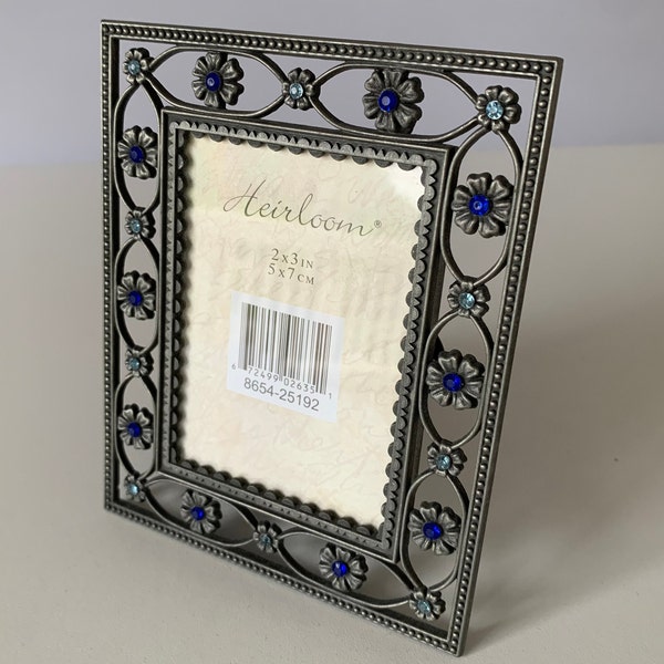 JEWELED FLOWERS FRAME, SIlver Metal Frame Cut Out Flowers with Blue Rhinestone Centers, For 2" x 3" Picture, Heirloom Jeweled Frame