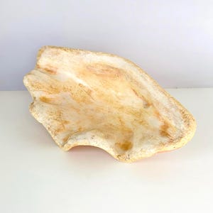 May include: A large, irregularly shaped, off-white decorative bowl with a textured surface. The bowl has a shallow, open design with a light brown and pinkish hue in areas. The bowl is likely made of ceramic or a similar material.