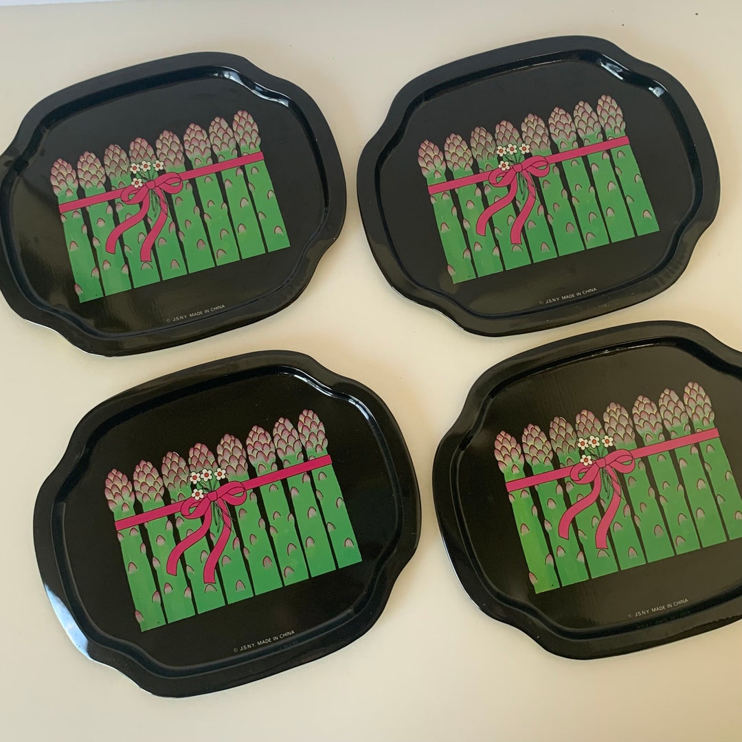 4 JSNY SNACK TRAYS, Set of 4 Matching Metal Decorative Trays, 6x7.5 Metal Trays, Asparagus in a