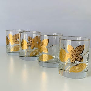 4 GOLD LEAF Glasses Tumblers, MCM Libbey Lowball Glasses, Cocktail Glasses, Bright Gold Leaf Leaves And Rims, Elegant Vintage Barware Glass