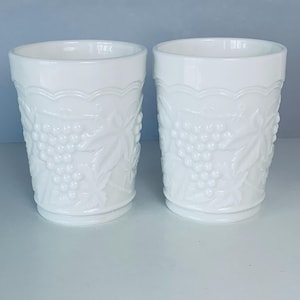 2 MILK GLASS TUMBLERS, Set of 2 Matching Embossed White Milk Glass Tumblers Glasses, Grape Clusters Leaf Embossed Design