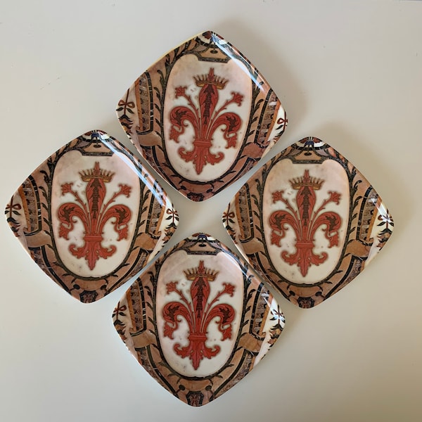 4 SMALL MELAMINE TRAYS, Decorative Crafts Fleur-de-lis Melamine Trays, 4 Square Mebel Melamine Trays, Made Italy 5" Square, Snack Trays