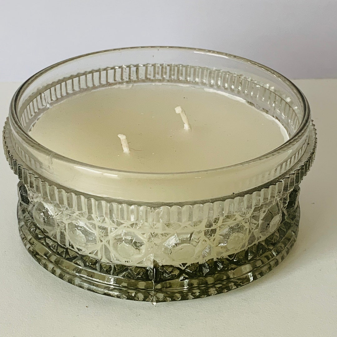 WHITE GLASS CANDLE, Clear Ornate Pressed Glass Candle Holder With White