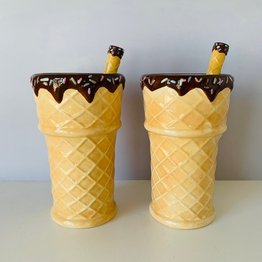 2 WAFFLE CUPS and SPOONS, Ice Cream Cone Dessert Cups, Ceramic Waffle
