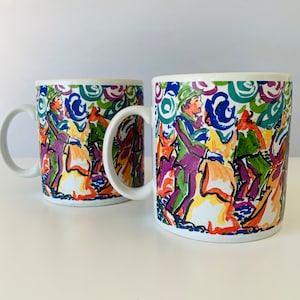 2 LET&#39;S DANCE MUGS, Set of 2 Century Stoneware Dancing Theme Coffee Cups Mugs, Colorful Dancers Scenes, Engagement Gift, Dance Lover, Dancer