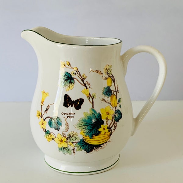 ROYAL OAK CREAMER, White Porcelain Ceramic Creamer with Colorful Nature Art, Butterflies and Cardamine and Cuourbita Pepo Flowers Art