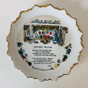 KITCHEN PRAYER Decorative Wall Plate, Vintage Porcelain Wall Art Plate, Gold Accent Gilded Edge, Bless My Little Kitchen, Christian Gift