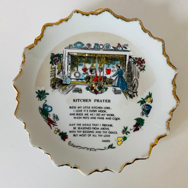 KITCHEN PRAYER Decorative Wall Plate, Vintage Porcelain Wall Art Plate, Gold Accent Gilded Edge, Bless My Little Kitchen, Christian Gift