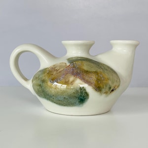 OIL LAMP with 2 Ball Wicks Design, Handcrafted Drip Glaze Stoneware Two Burner Handled Chamber Oil Burner, Artist Signed, No Wick Ball