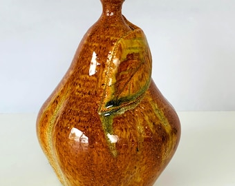 STONEWARE PEAR FIGURE, 5-1/2" Tall Handcrafted Studio Art Stoneware Pottery Pear, Heavy Drip Glazed Stoneware Pear Paperweight, Pear Lover
