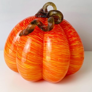 7” Tall ART GLASS PUMPKIN, Orange Swirl Hand Blown Glass Pumpkin, Orange Pumpkin Gold Glass Stem, Blown Glass Pumpkin Curley Stem, 6-1/2&quot; W