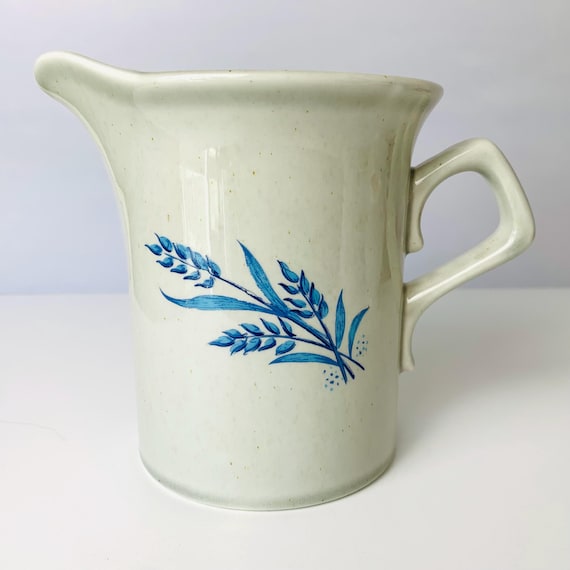 SPECKLED STONEWARE PITCHER, 5-1/4" Tall Water Pitcher, Indoor Plant Water Pitcher, Blue Wheat Tan Speckled Ceramic Stoneware Pitcher