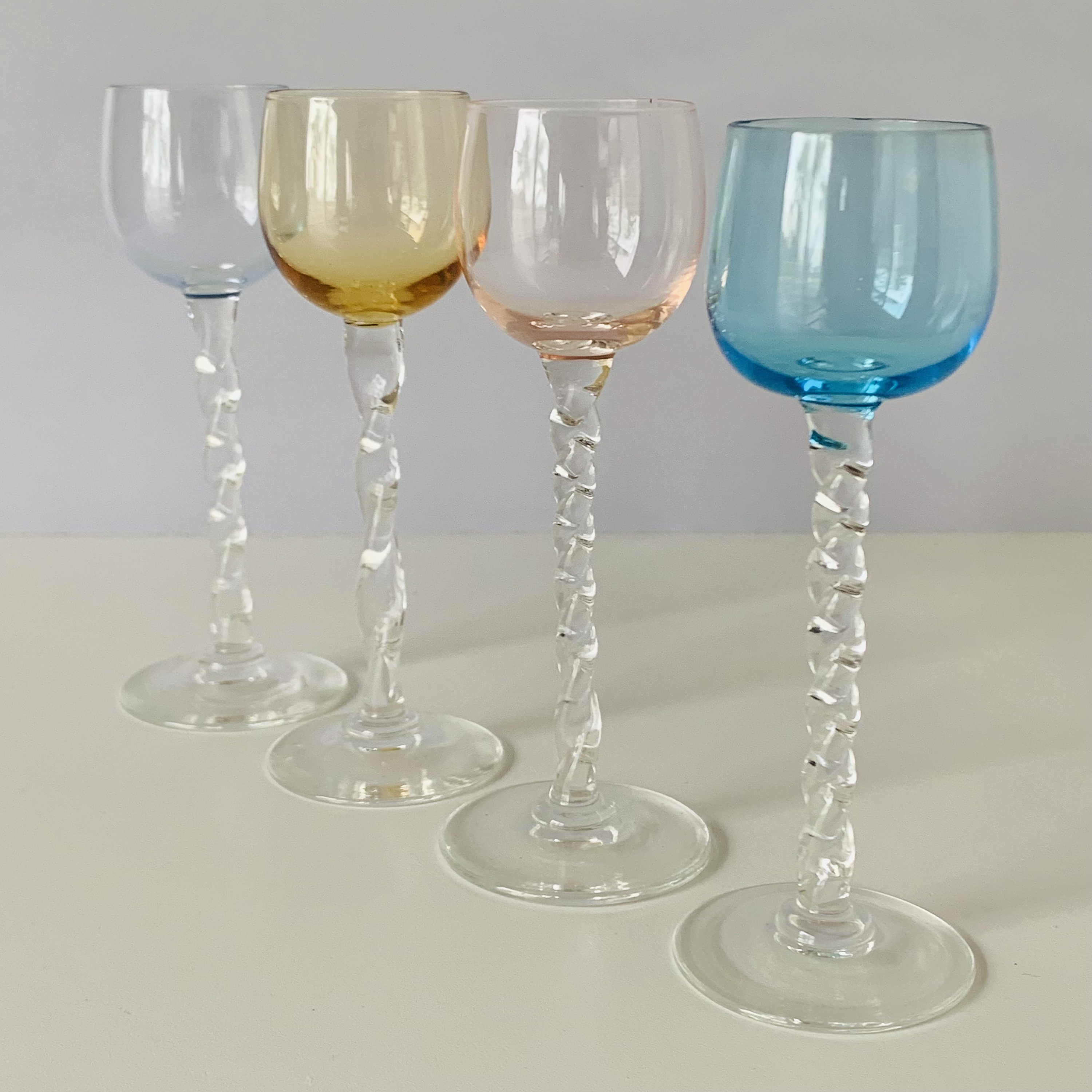 Vintage Multi Colored Clear Twisted Stem Wine Glasses Set of 4, 4