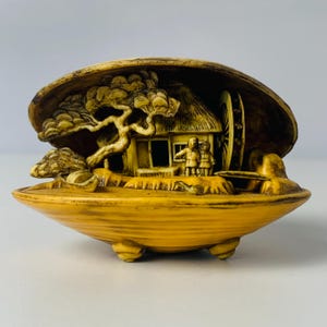 CLAM SHELL DIORAMA, Carved Celluloid Clam Shell Waterwheel Bonsai Tree Diorama, Vintage Japan Celluloid Clam Shell, 3&quot; W Mini Carved Shell